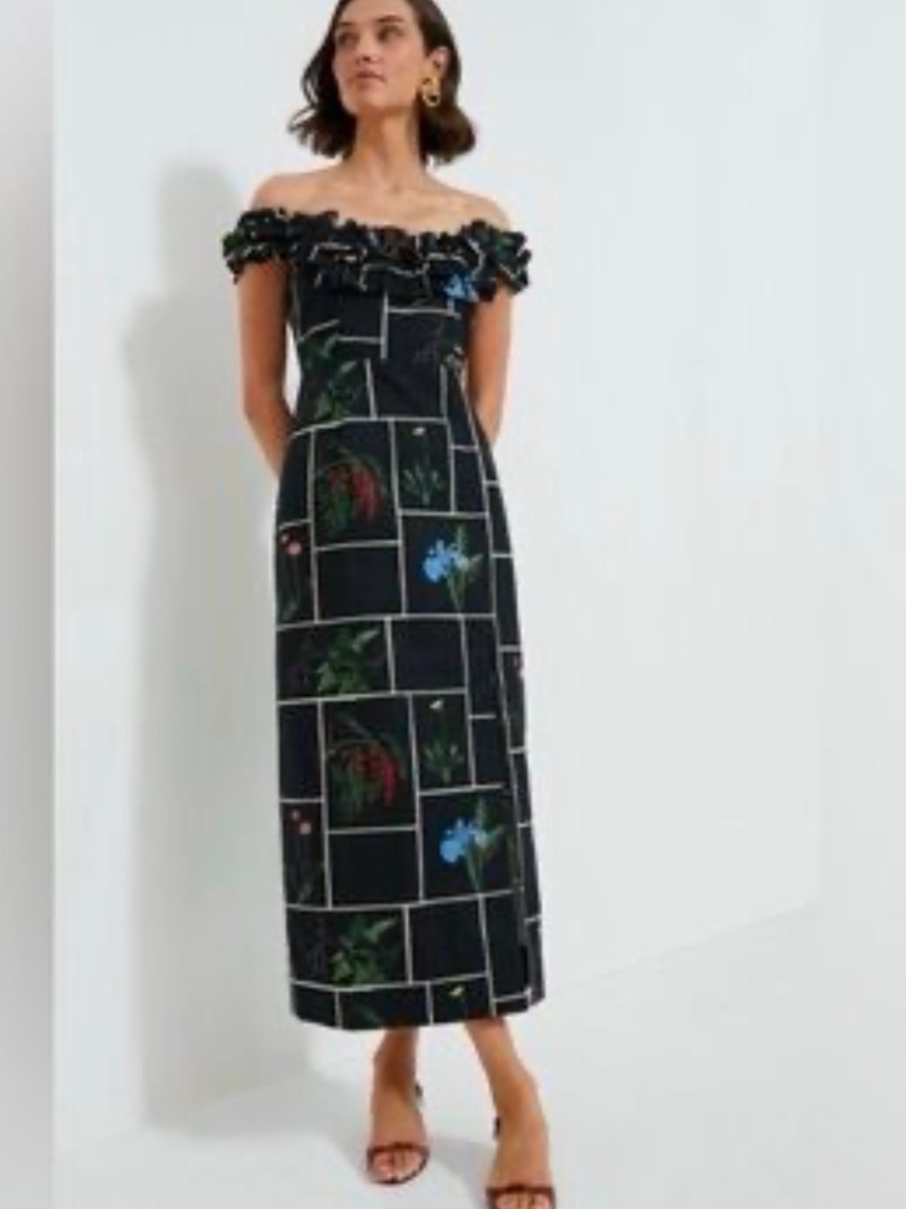 Tuckernuck Black One-Shoulder Floral Grid Maxi Dress